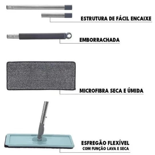 Mop Flat Balde 6 litros Com 2 Refis Com Cabo Extensivel Inox Grande