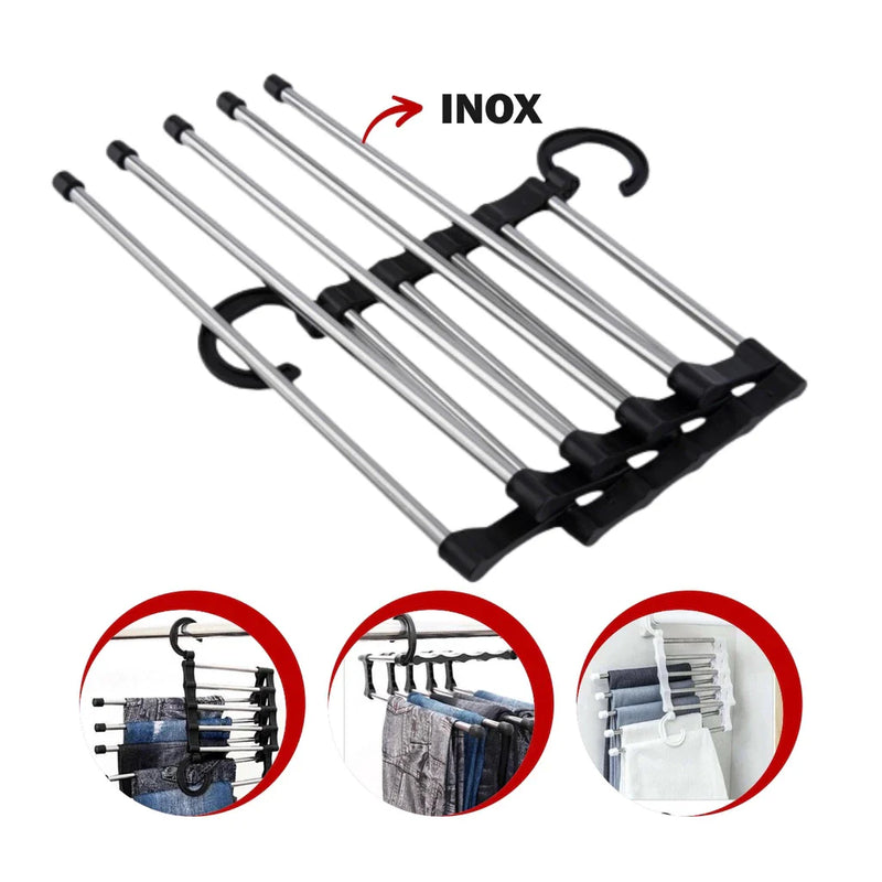 Cabide Para Calças Organizador Aço Inox Multifuncional Retrátil 5 em 1