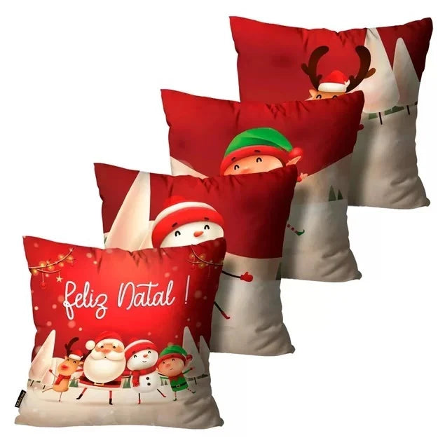 Kit 4 Capas de Almofadas Feliz Natal Vermelha