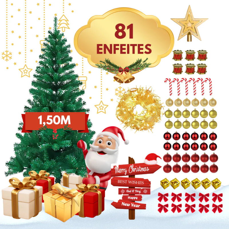 Árvore Natal Pinheiro Premium 150cm 200 Galhos Enfeitada Decorada Kit Completo Enfeites + Pisca Verde e Nevada