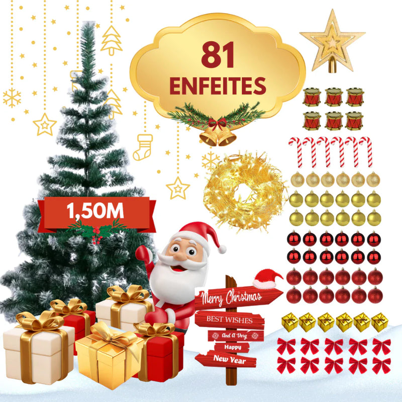 Árvore Natal Pinheiro Premium 150cm 200 Galhos Enfeitada Decorada Kit Completo Enfeites + Pisca Verde e Nevada