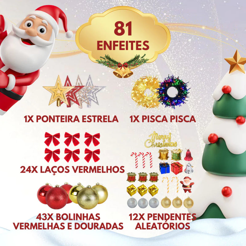 Árvore Natal Pinheiro Premium 150cm 200 Galhos Enfeitada Decorada Kit Completo Enfeites + Pisca Verde e Nevada