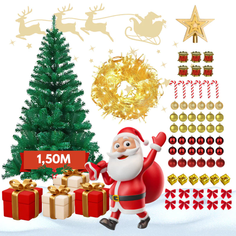 Árvore Natal Pinheiro Premium 150cm 200 Galhos Enfeitada Decorada Kit Completo Enfeites + Pisca Verde e Nevada