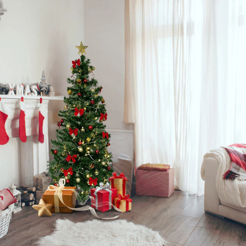Árvore Natal Pinheiro Premium 150cm 200 Galhos Enfeitada Decorada Kit Completo Enfeites + Pisca Verde e Nevada