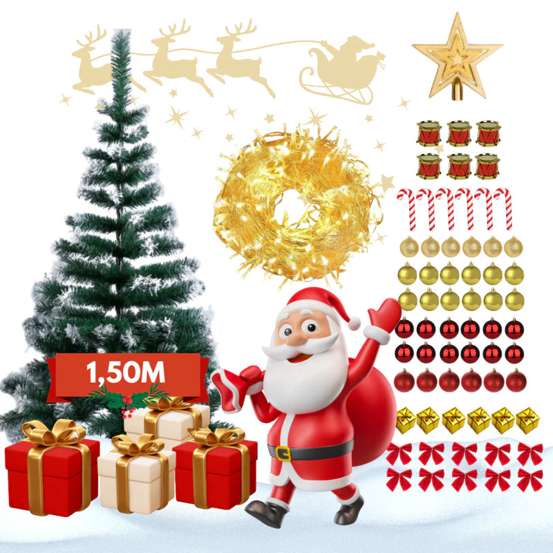 Árvore Natal Pinheiro Premium 150cm 200 Galhos Enfeitada Decorada Kit Completo Enfeites + Pisca Verde e Nevada