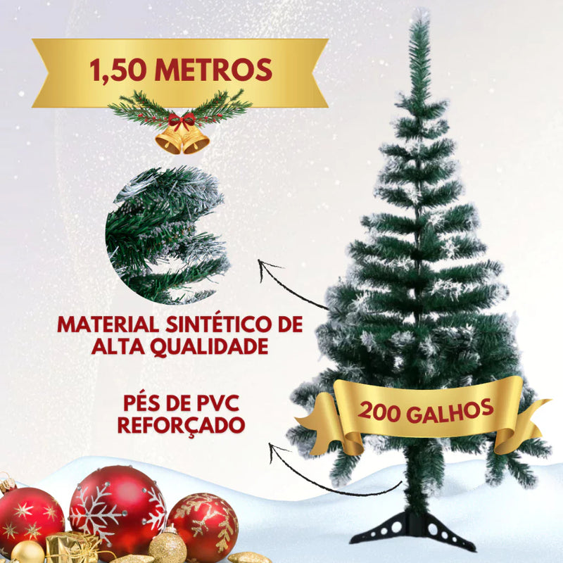Árvore Natal Pinheiro Premium 150cm 200 Galhos Enfeitada Decorada Kit Completo Enfeites + Pisca Verde e Nevada